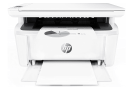 Impresora HP LaserJet Pro MFP M29w, color blanco con bandeja de papel abierta y con papel cargado